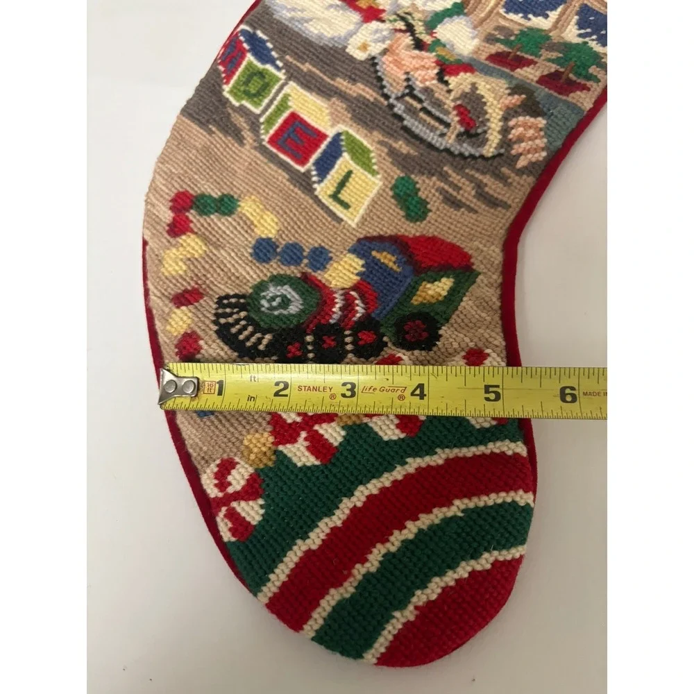 Vintage Needlepoint Christmas Stocking Santa Workshop Train Velvet Back 20 inch